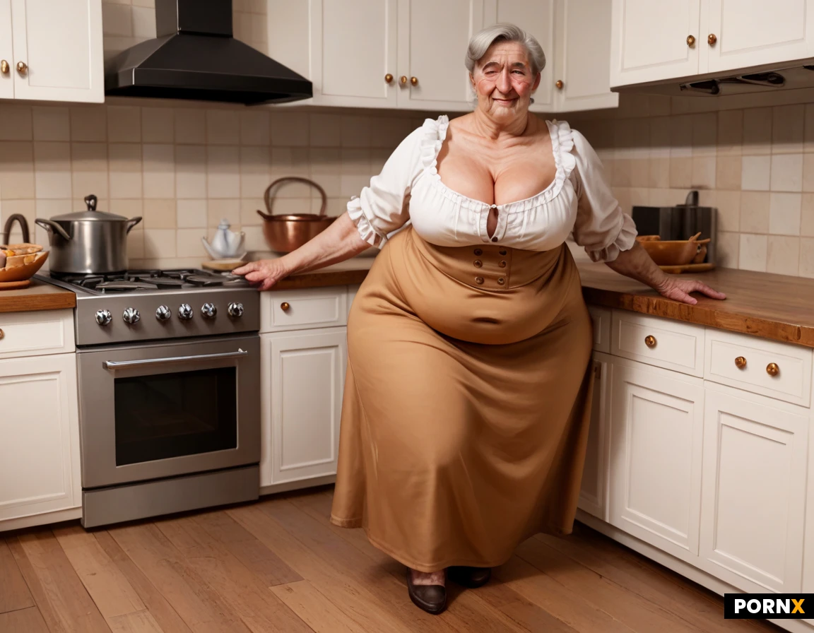 (((((gilf))))),italian, kitchen matriarch,obese, short, wide hips, large ass, thick thighs, round belly, heavy arms, body hair, messy gray bun, deep wrinkles, flushed cheeks, weathered skin, cleavage,linen blouse, dark bodice, cleavage,long skirt, stained apron, rolled sleeves, leather shoes, cleavage, unbuttoned, decolet, stern smile, raised eyebrows, manor kitchen, copper pots, stone floor, wooden table, hearth fire, realism, realism,,full body