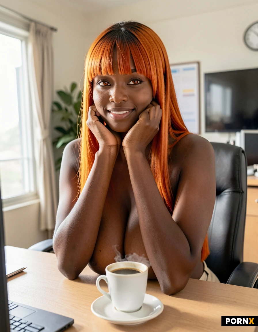 masterpiece, best quality, highres, absurdres, full_body, topless, serving, coffee, coffee_cup, office, desk, computer, sitting, smiling, looking_at_viewer, indoor, soft_lighting, morning, coffee_steam, professional_environment, wide_angle, depth_of_field, high_resolution, detailed_background