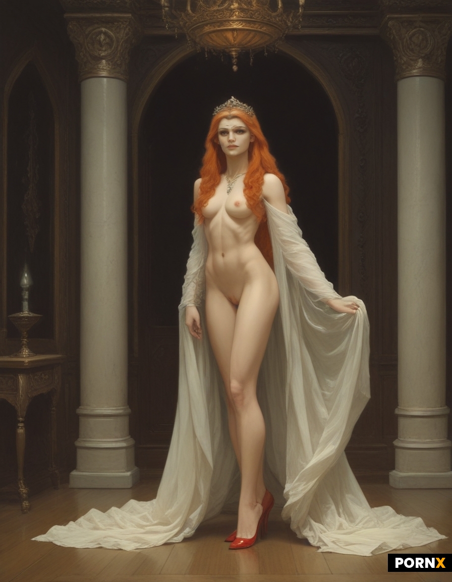 Full body image from behind of a beautiful Irish princess with a small nose and sparkling emerald ey