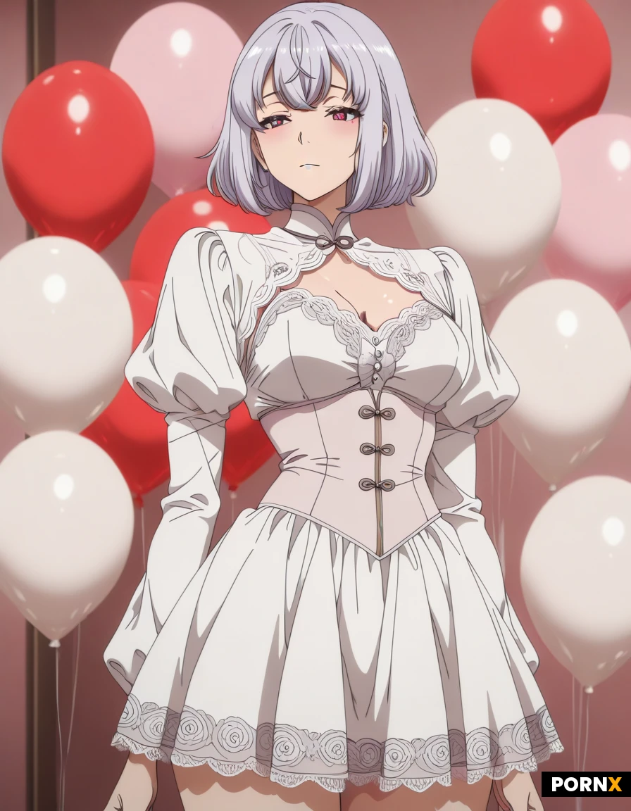 White peplum blouse with short puffy/balloon sleeves, a gathered or smocked bodice, delicate lace or embroidered details across the chest, and a flared peplum hem.
Matching short white mini skirt (very short, fitted at the waist and slightly flowy).