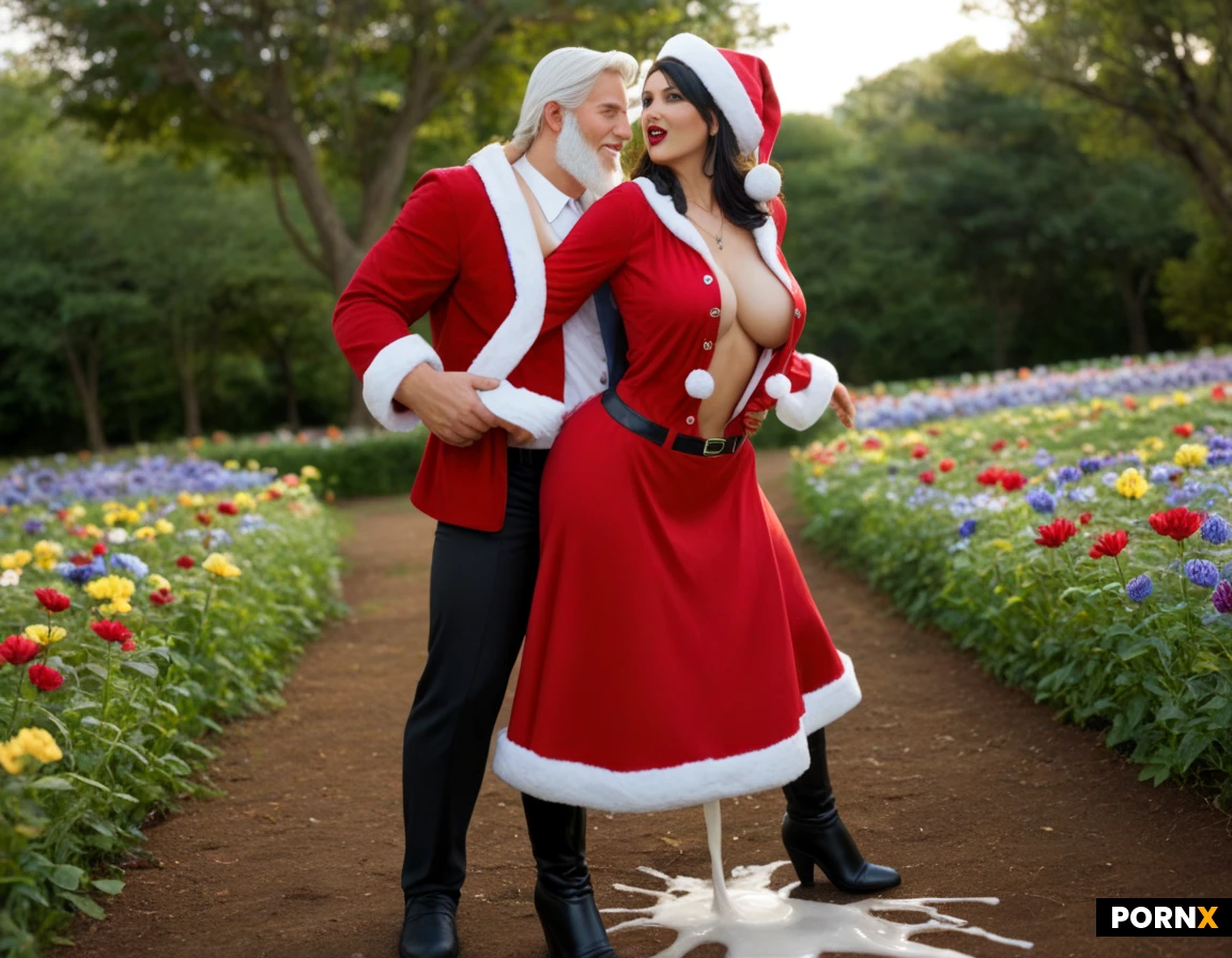 beautiful woman, long platinum blonde hair with bangs, pale skin, blue eyes, medium breasts, blooming flower field, colorful flowers, spring, soft sunlight, hourglass_figure, big_breasts, red_lipstick, cute, innocent, pretty. sunny, outdoor, sunlight, girl dressed in a modern Mrs. Claus / Santa Claus outfit. She is wearing a vibrant red velvet Christmas dress with plush white faux fur trim, front opening christmas red velvet jacket with buttons a classic red Santa hat tilted sideways on her head, A boy is standing completely upright, tall and firm on his feet on the ground. The boy is actively lifting and holding a girl high off the floor. The girl is wrapped around the boy in a bear-hug anchor pose. Her legs are wrapped tightly around his waist, with her feet reaching up toward his neck. Her feet are suspended in the air, nowhere near the ground. The girl is turned completely toward the boy, facing away from the camera, showing only her back to the viewer. Girl get orgasm. Jacket is unbuttoned so her boobs are seen, the two front panels of jacket draping loose and swaying to the sides. Excessive cum. Excessive cum burst out from pussy. Black long boots. Bigger hips. She wear black garter-belt stockings with clips. Stocking clip. Long boots over stockings. Fit. Boobs seen by unbuttoned jacket. Topless. Black hair. Girl gets pleasure. A wide-angle, full-body shot of girl. Directly beneath her, a large bucket is placed on the floor. A continuous, heavy stream of thick cum liquid flows vertically downward from vagina the bucket, directly into it. The bucket is filled past the brim, with the thick cum actively overflowing on all sides. The entire floor from edge to edge is completely flooded and submerged under a vast, seamless layer of the cum. Girl eyes wide open, pupil dilated. Eyebrow raised. Wide open mouth.
