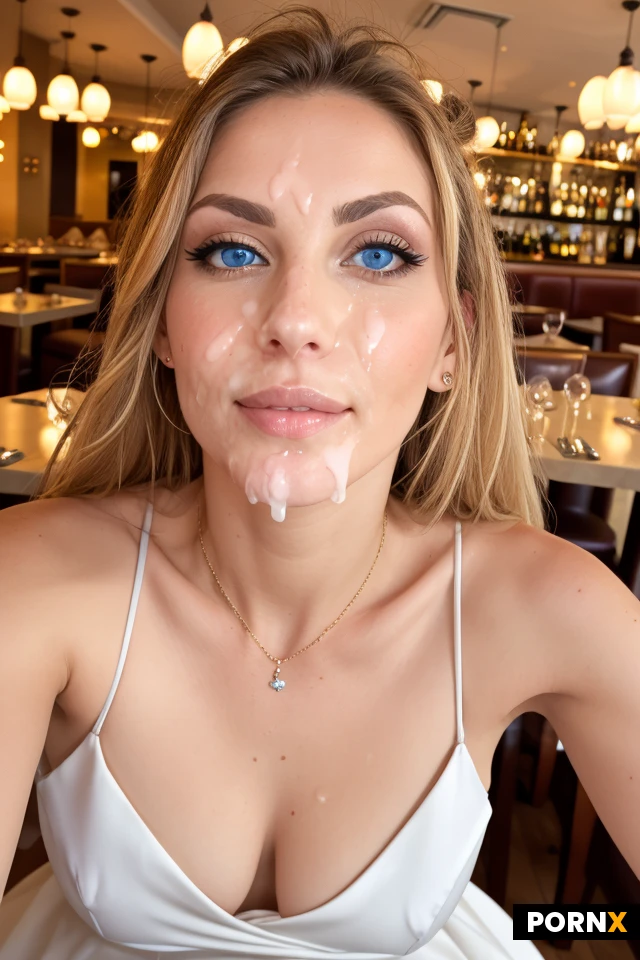 English french italian beauty lady at the restaurant, view from below, feminine:4, skinny:1.2,blonde ponytail, blue eyes, nice dress full clothed, high quality picture, 4k,coctail dress, jewelry, eyes open. Very nice artfull portrait close