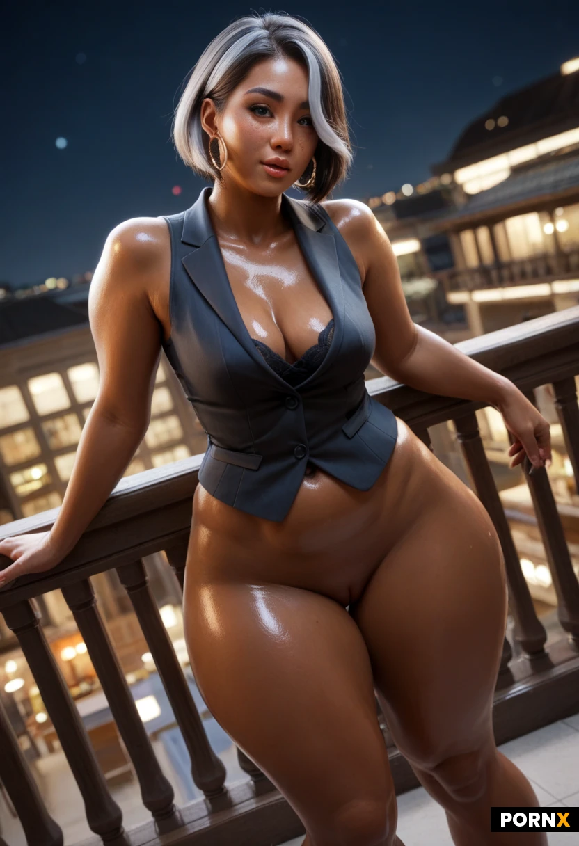 Korean, Dark skin, brown skin, cute face, glamorous make-up, freckles, small mouth, big loop earrings, huge earrings, big eyes, bob cut with grey highlights, hair covering 1 eye, dark skin
Voluptuous, curvy body, thick thighs, fat thighs, huge thighs, huge hips, big ass, athletic torso, small breasts, saggy breasts, cleavage, dynamic angle, oiled skin, dynamic angle, standing, legs apart, seductive pose, teasing, dancing
Naked, collared vest, balcony at night, no pubic hair, front view