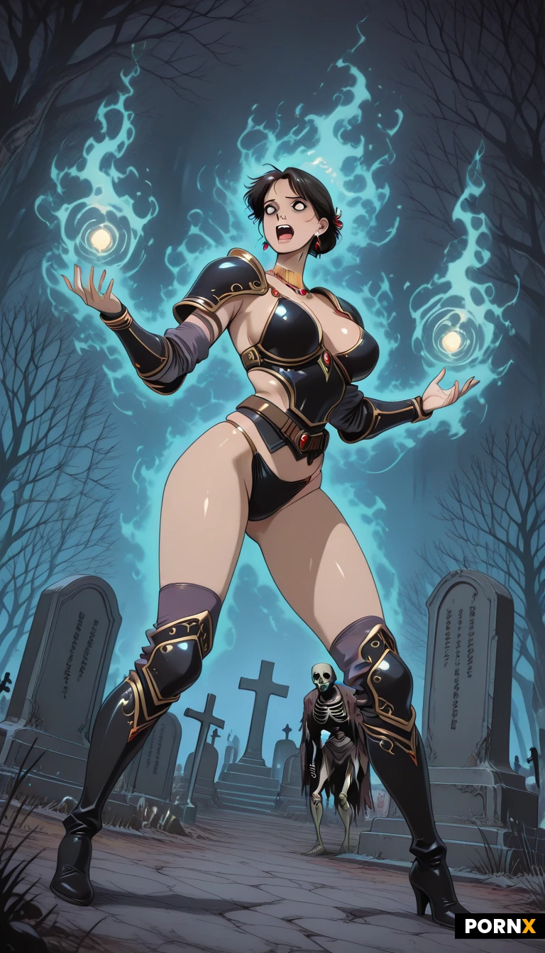 high definition, professional woman warrior, fantastic bikini armor, arm armor, leg armor, chest armor, elegant jewelry, holding boardsword, boots, magic, nice face, curved body, big breast, zombie, skeleton, profession expression, fighting stance, the whole scene is with horrified atmosphere, background, graveyard, dynastic angle,