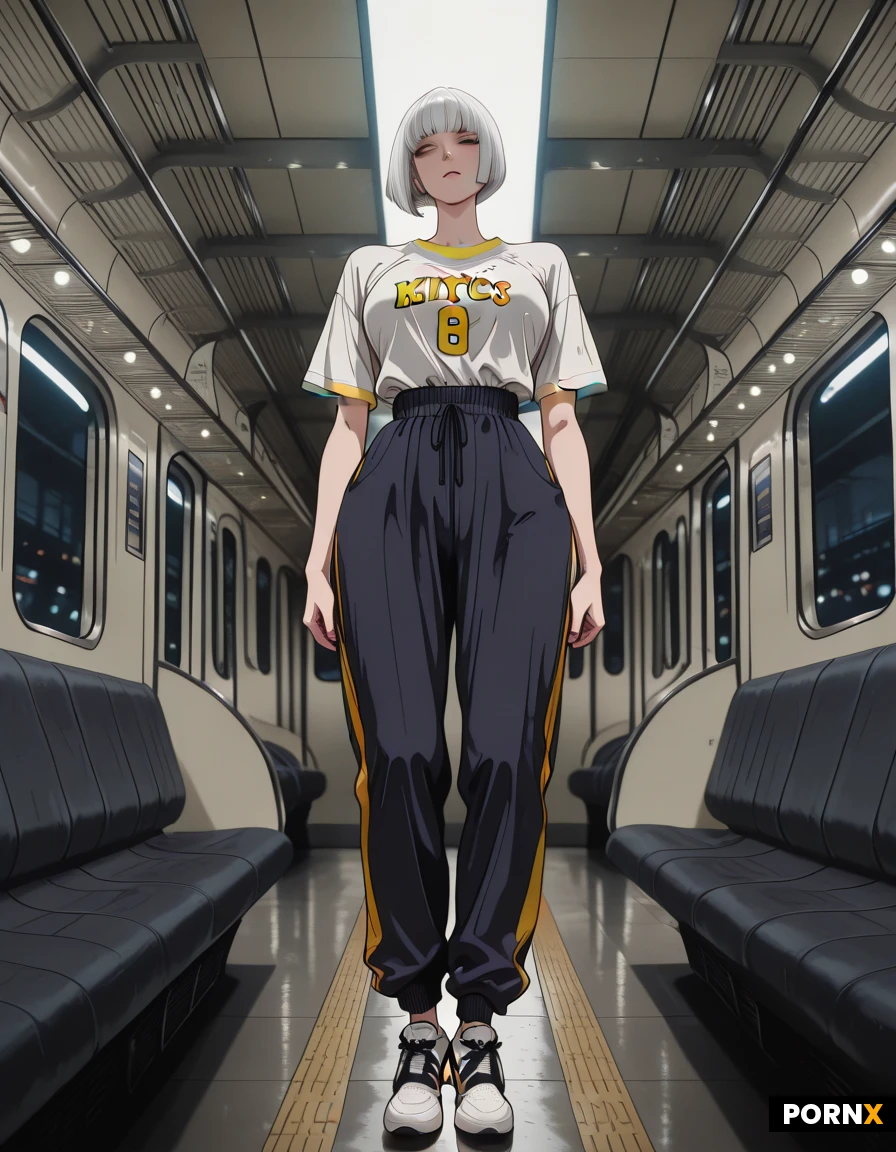 A slender Chinese man, 18, with a textured crop haircut and soft, clear skin, stands confidently on a raised platform within the bustling Canal Street subway station as a train barrels in behind him, captured in a full-body, front-view portrait. He wears a crisp white New York Knicks jersey with the classic navy and orange trim, paired with sleek black Nike Tech track pants and pristine white Nike trainers, the fabric rendered with realistic stitching and subtle fabric stretch. The scene is lit by cool, diffused overhead station lighting and a rim of warm floodlight from the incoming train, creating gentle rim lighting around his silhouette and a shallow depth of field that blurs the tiled walls and bustling commuters. The camera is positioned slightly low, eye-level, framing him from head to toe against the dynamic background, emphasizing the contrast between his calm pose and the motion of the train. Rendered in ultra-realistic photorealistic style with high-resolution textures and cinematic grain for an immersive, detailed urban vibe.