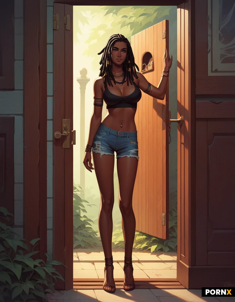 masterpiece, best quality, highres, absurdres, 1girl, solo, black_hair, long_hair, black_eyes, large_breasts, slim_body, strappy top,cleavage, midriff, booty_shorts, shorts, standing, doorway, outdoors, front_door, confident, full_body, soft_lighting,african-american,dreadlocks,leaning against doorframe,