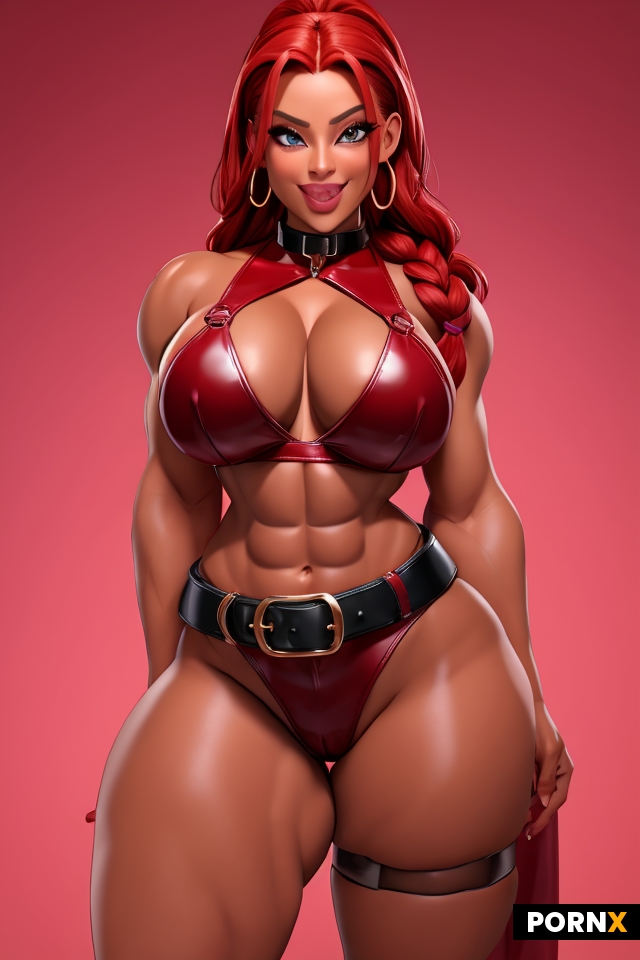 "Red hair in a braided ponytail with bangs\nseductive beautiful feminine face \nwearing thick rimmed