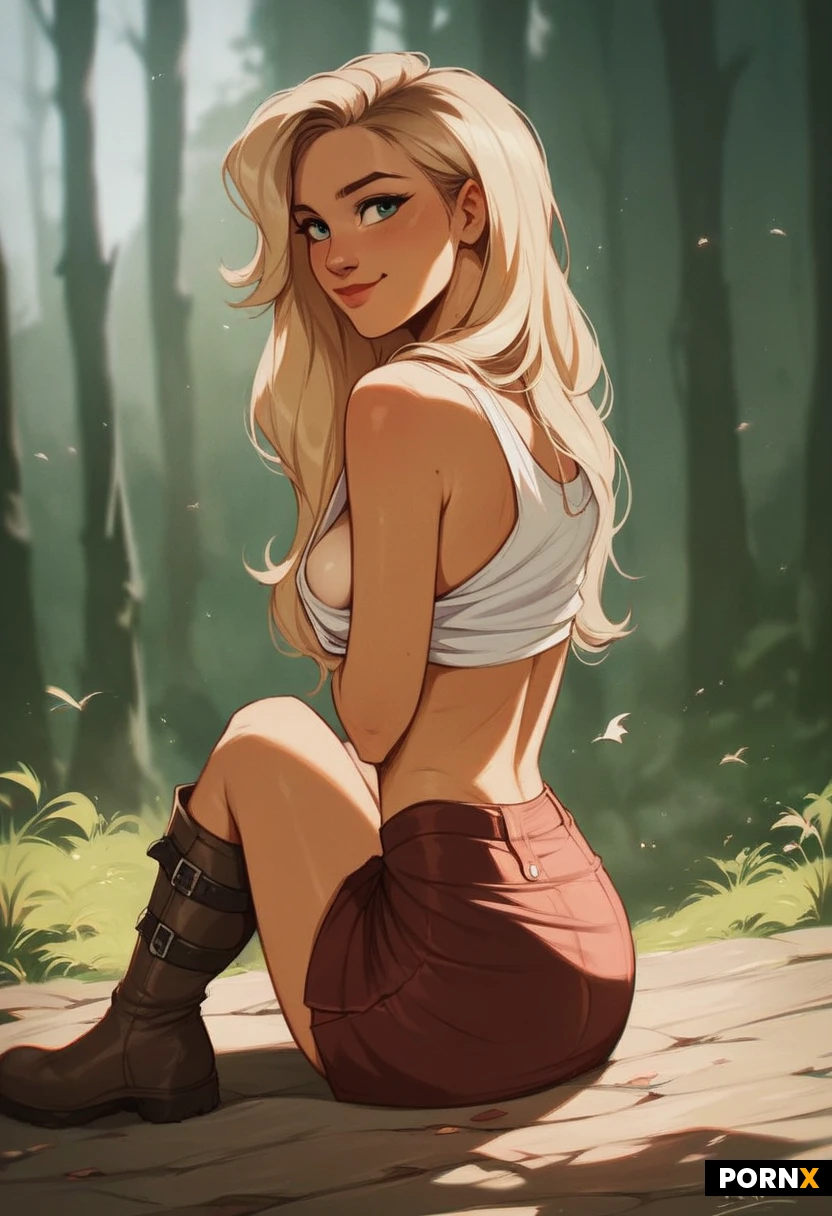 NSFW Masterpiece,Score_9,score_8_up,score_7_up,(best quality:1.1),ultra-detailed,high resolution,super detailed skin,nsfw,Highly Visible,8k,sharp focus,beautiful,perfect lighting,smooth edges,realistic, 2D digital art, BREAK,Beautiful woman,swedish face,age 25, pale with subtle bikini lines, (blonde hair:1.5),blu eyes, natural medium breasts,seductive face,(peasant top, short skirt, brown knee high boots:1.8), ( sunny, summer, forest:1.6), (boob drop, stripping, strip tease:1.7), seductive pout, playful