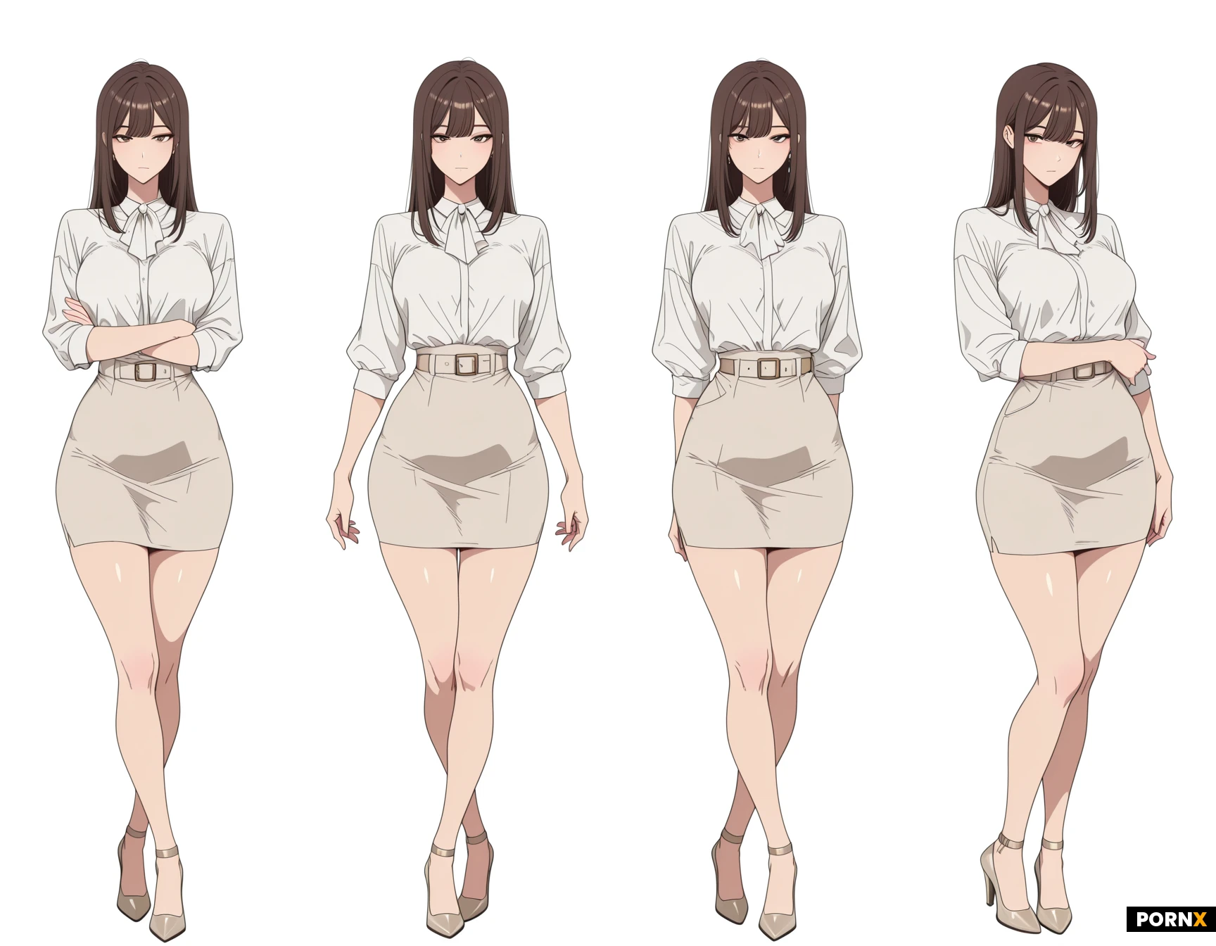 Full-body adult woman character standing in a perfectly straight neutral reference pose.
STRICT FRONT VIEW.
Body facing directly forward toward the camera.
Head facing directly forward.
Neck straight.
Shoulders perfectly level and symmetrical.
Torso completely upright and vertical.
Spine straight.
Hips perfectly level and symmetrical.
Both legs straight and vertical, parallel to each other.
Both feet pointing directly forward.
Feet placed naturally shoulder-width apart.
Both feet fully visible and completely grounded.
LEFT ARM positioned straight beside the left side of the torso.
RIGHT ARM positioned straight beside the right side of the torso.
Both arms positioned symmetrically beside the body.
Elbows straight and relaxed.
Hands positioned naturally beside the thighs.
Both hands fully visible.
No hand in front of the torso.
No hand behind the body.
No crossed arms.
No bent pose.
No leaning.
No twisting.
No hip shift.
No crossed legs.
No contrapposto pose.
No walking pose.
No dynamic pose.
Neutral standing character reference pose.
Keep the entire character centered in the image.
Full body from top of head to bottom of shoes.
Clean Korean manhwa-inspired anime character design, clean linework, soft detailed shading, natural adult proportions, elegant office-casual woman, wavy ash-brown hair, white blouse, beige high-waisted pencil skirt with belt, beige ankle-strap heels.
Plain off-white background.
Character design reference sheet.
Symmetrical composition.
Straight-on orthographic-like character presentation.