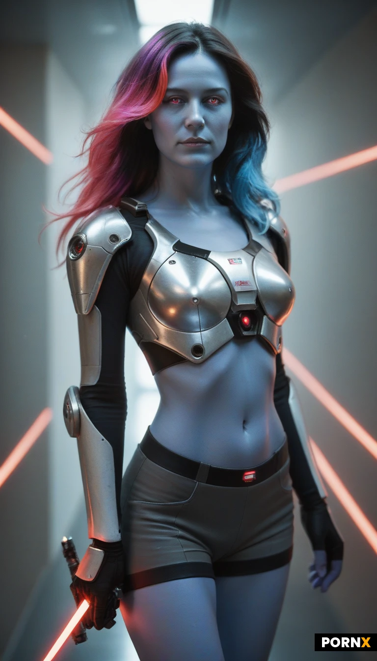 masterpiece, best quality, highres, absurdres, 1girl, solo, photorealistic, close_up, side, low,(alien, purple_hair, black_highlights, blue_skin, pink_eyes), sharp_nose, narrow_jaw, slim_body, large_breasts:1.5, black_shiny_ space_suit, armor, midriff, tigjt shorts, neon_lights:2.0, glowing_orange_laser_sword_in_each_hand, grinning, flished, exhaisetd, sexy, cinematic_lighting, galaxy_background