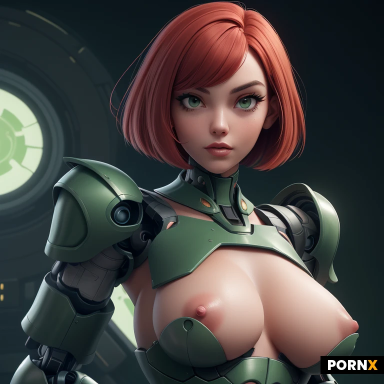 Woman, 25 years old,red hair, bob cut,, (tanned skin), beautiful, detailed face, curvy, (huge breasts), perky breasts,small nipples, (futuristic mech armour:1.2),(dark green armour with black accents:1.2), cyberpunk city, (topless:1.4),(closeup portrait view:1.0), dynamic pose, rounded ass,