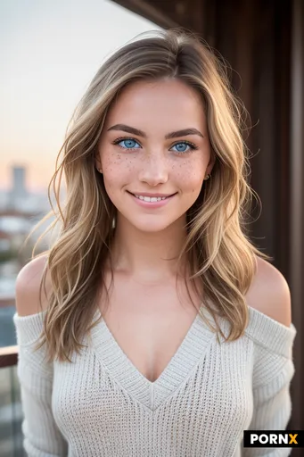 A close-up portrait of a 25-year-old woman with soft wavy blonde hair cascading to her shoulders