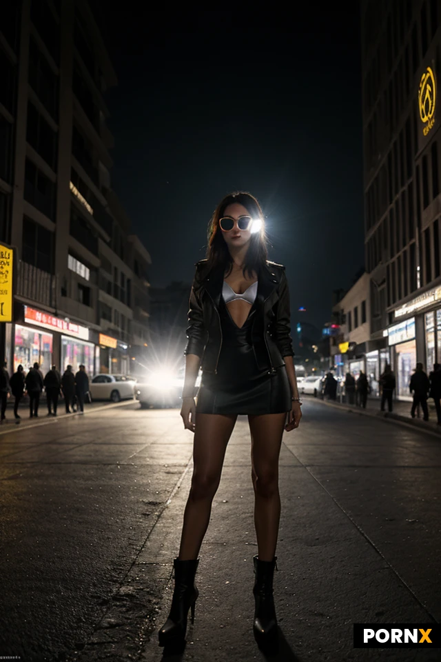 Unreal Engine, renderizado de octano, foto cinematográfica de alta calidad, una mujer de etnia latina con cuerpo esbelto, busto pequeño, culo mediano y piernas delgadas, ubicada en una ciudad cyberpunk futurista con iluminación de neón y ambiente neblinoso, vistiendo un traje de látex ajustado y gafas de sol, iluminación dura contra la luz de la luna, obra maestra del realismo.