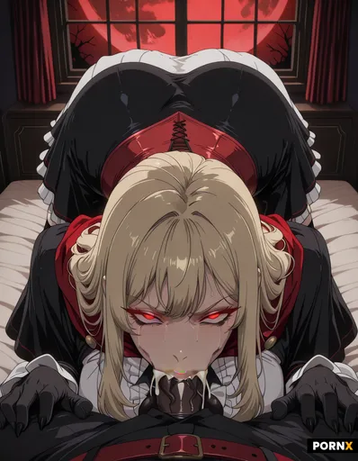 Anime-style portrait of a pale-skinned vampire woman with long wavy blonde hair and soft curls