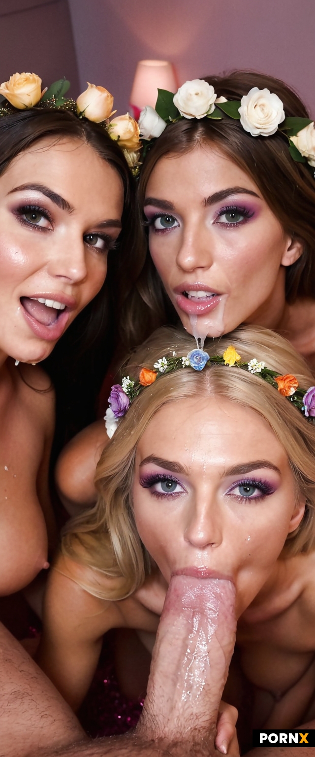 three women looking up at the camera as they receive a very thick cumshot on their face from one man