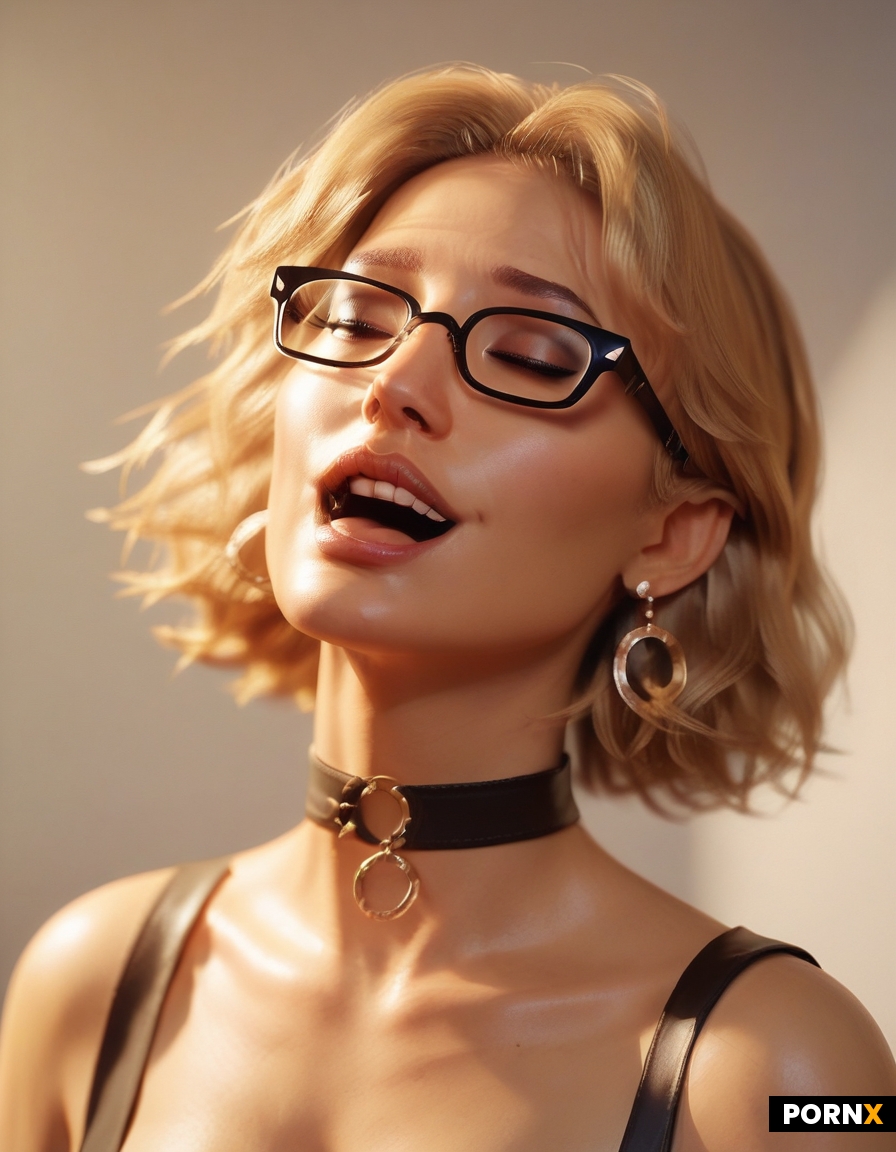 A cute 20-year-old busty latina nerd with glasses wears a choker