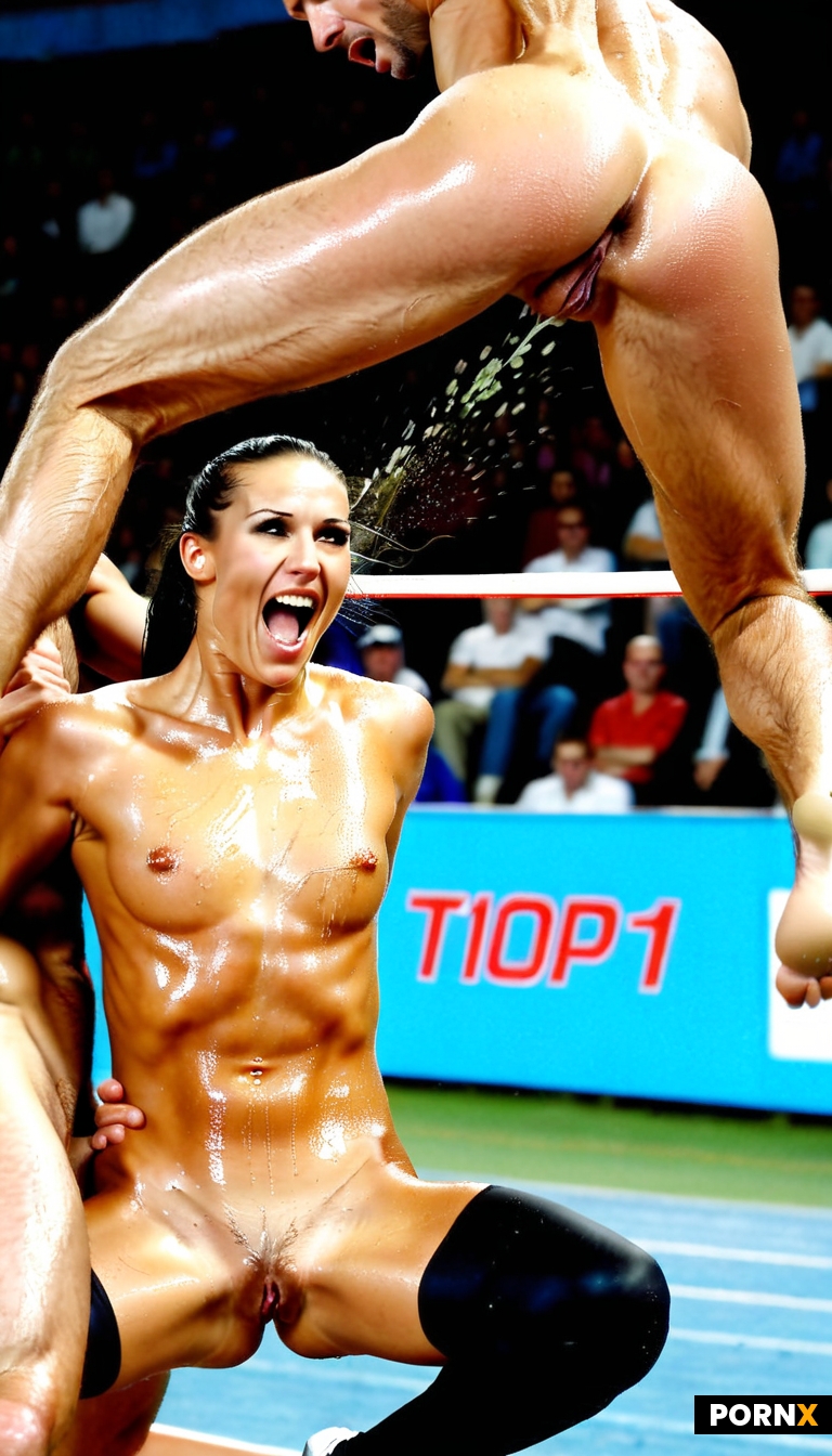 A hot muscular longjumping babe athlete on arena