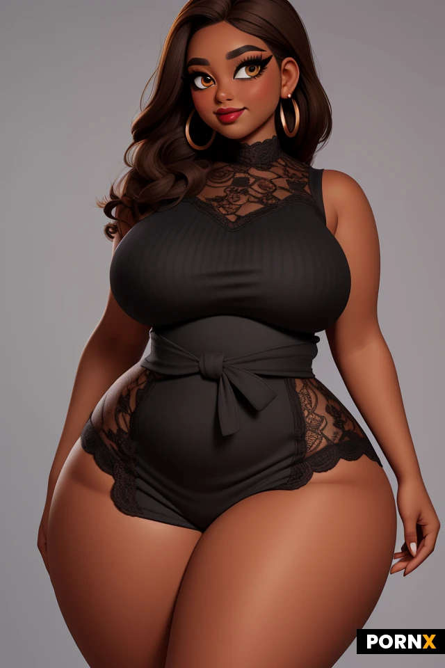 woman, dark skin, light brown hair, lots of makeup, (thick black eyeliner:1.1), (eye shadow:1.1), thick lips, earrings, (curvy:1.5), (thick:1.45), (wide hips:1.5), (fat thighs:1.45), (narrow waist:1.475), lipstick, (large eyes:1.1), (amber eyes:1.1), lace dress, smirk, portrait