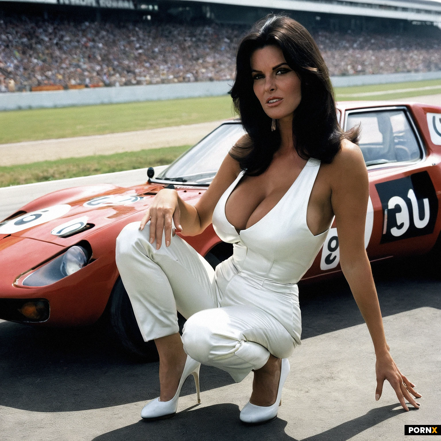 (slim and very busty female:1.5); motorsport photograph from the 1970s, featuring a sexy adult woman crouching beside an open-wheel race car at a racetrack. S