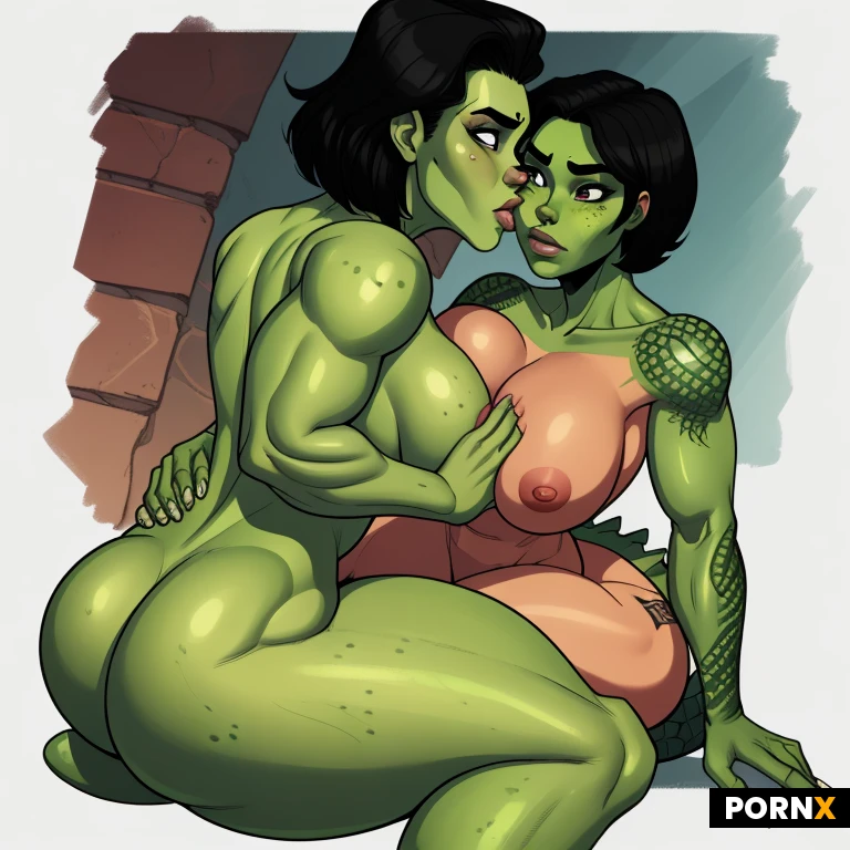 Woman, One, 20 Years old, 30 Years old, Indian, Reptilian, Fit, Muscular, Thick, Green skin, Classic tattoos, Big breasts, Rounded breasts, Thick thighs, Fit thighs, Big ass, Beauty face, Black hair, Short hair, Black eye color, Naked