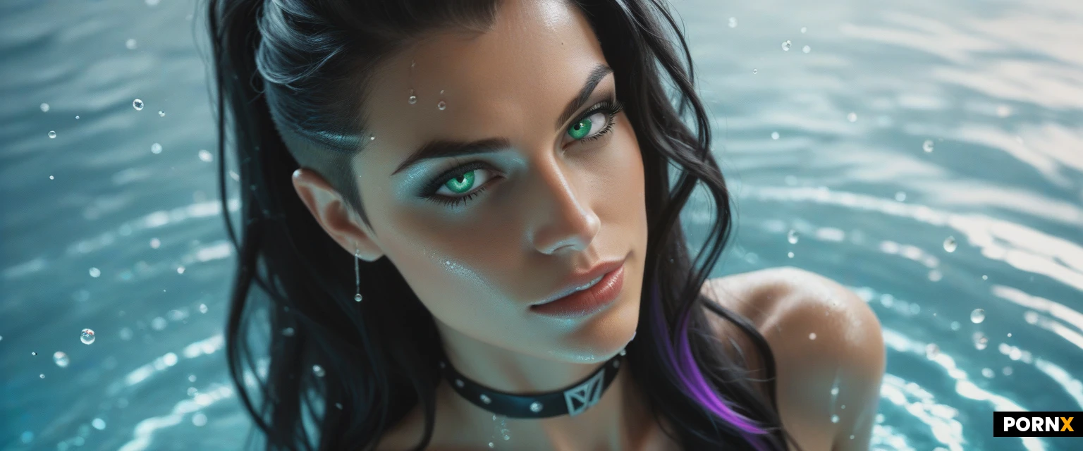 masterpiece, best quality, highres, absurdres, 1 very seductive supermodel woman, slender pointed nose, wide jaw, solo, looking_at_viewer_very_intimately, from_above, close-up, long hair, black hair, purple highlights, sidecut, brilliant luminous green eyes, heavy black eyeshadow, heavy black mascara, heavy black eyeliner, dark tan skin, sly half smirk, seductive and horny, choker, topless, toned body, deep cleavage, round perky breasts, spherical breasts, medium-large breasts, wet, water droplets on her skin, touching her nipples, erect nipples, high contrast, vibrant colors