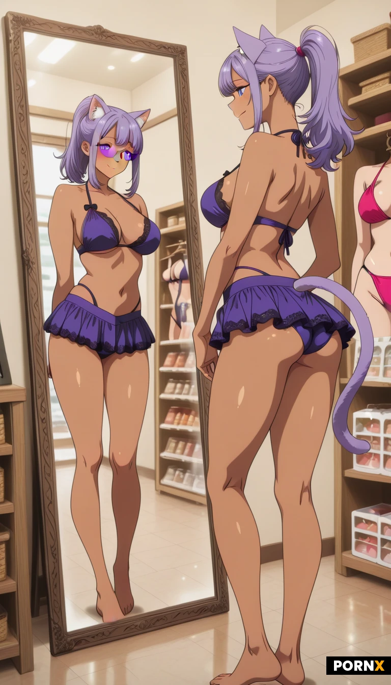 solo, cute cat girls, cat ears, purple cat tail, soft big breasts, purple hair, medium lenght hair, ponytail hair, attractive body, slender thighs, (glasses, anime: smile face, blue eyes), (mini lace skirt bikini set with same color), (standing in shop with mirror and swimwear :1.5), full body, sunlight on pretty brown skin, rendered in anime word style and high-quality