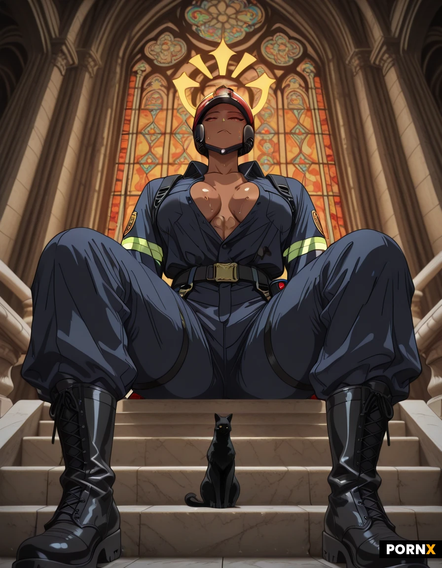 A youthful African man with deep ebony skin, a tight crop-cut hairstyle, and a slender, muscular physique lies on his back on the marble steps of St. Patrick's Cathedral, his FDNY firefighter helmet resting beside him. He is clad in a pristine FDNY uniform: dark navy turnout gear, reflective stripes, black leather boots, and a snug jacket that accentuates his sculpted chest and defined abdominal muscles, with his shirt unbuttoned to reveal a hint of chest. Soft rim lighting from the cathedral's stained-glass windows creates a warm amber halo, casting gentle shadows across his back and highlighting the texture of his skin. The camera is positioned at a low angle, framing him full-body in a straight-on perspective that emphasizes the contrast between the sacred stone steps and the gritty firefighter attire. Shot in ultra-high-resolution cinematic photography style with shallow depth of field, capturing intricate details from the fabric weave to each droplet of sweat on his skin.