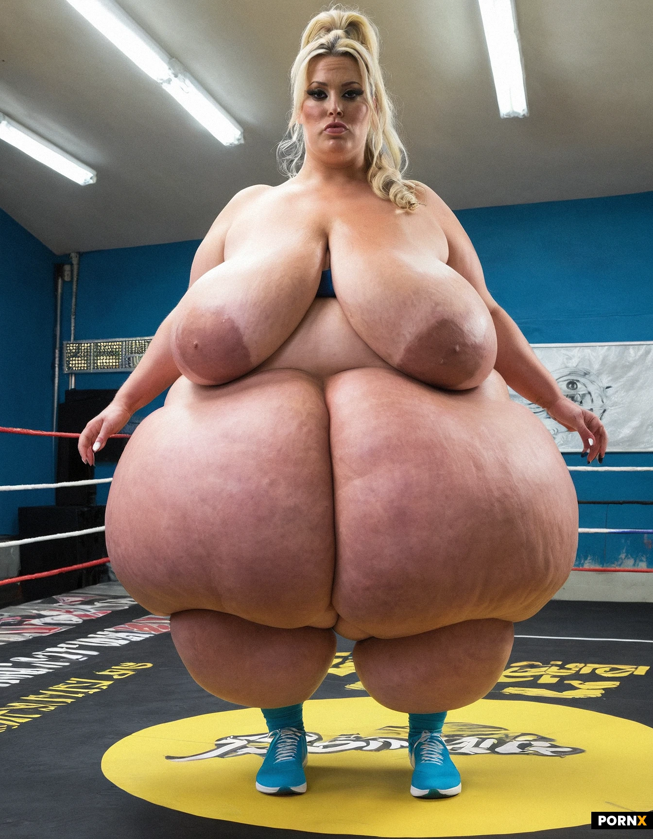very beauty, 40 years old, blonde, voluminous high ponytail, tanned skin, extremely fat ussbbw, extremely saggy and floppy tits, gigantic fat flabby belly, much belly fat and fat rolls, wide hips, completely naked, strict look, wrestling show, wrestling ring