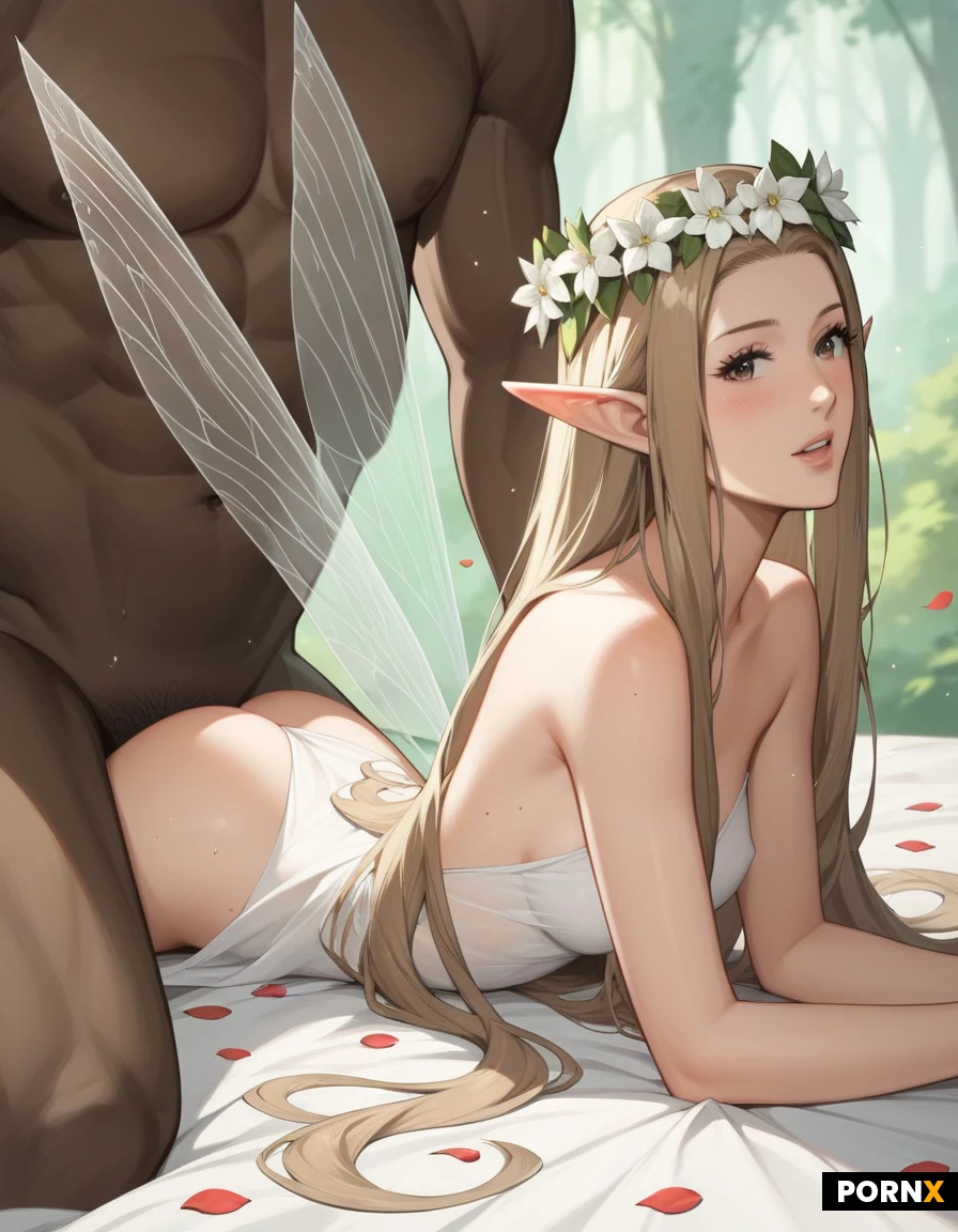 beautiful slim woman, straight red bob with bangs, fair skin, small breasts, prone bone position, lying flat on stomach, from behind, sex, fairy costume, translucent wings, flower crown, sheer petals dress, (slender fashion model build: 1.3)
(slim hips: 1.0)
(lean waist: 1.1)
(long slender legs: 1.2) (exatirated glutes: 1.0)(very smooth straight long hair: 1.8) light brown hair, elf, white fairy ouffit, fantasy forrest, black interracial orc man, close up