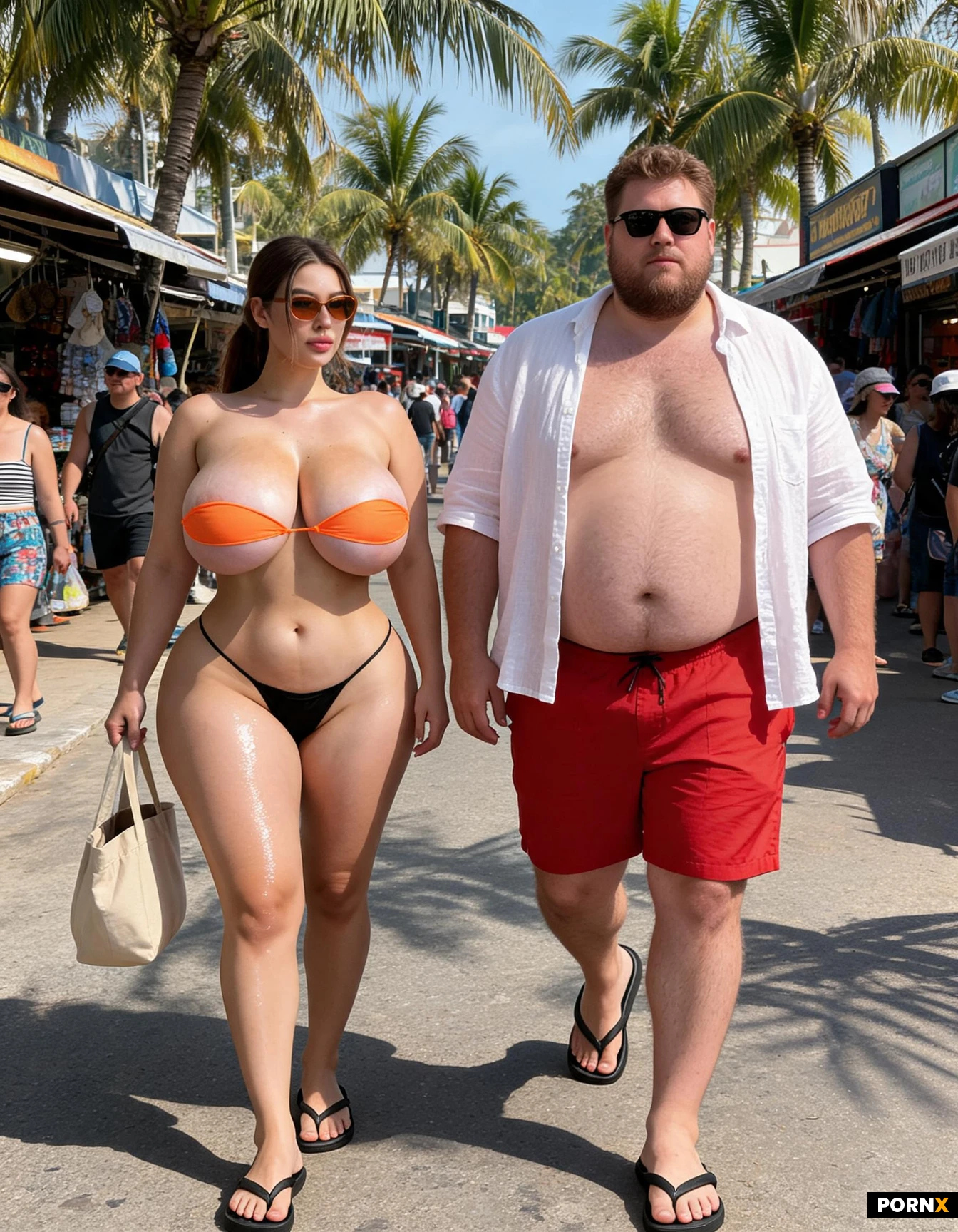 Absurdly large boobs. Tiny thin strapless orange strip bikini top. Low rise black g-string. Oiled body. Crowded street in Fiji. Brown sunglasses. Brown flip-flops. Tote bag. Walking down street with tall fat 20 year old white man in red board shorts, black flip flops, unbuttoned white linen shirt and black sunglasses