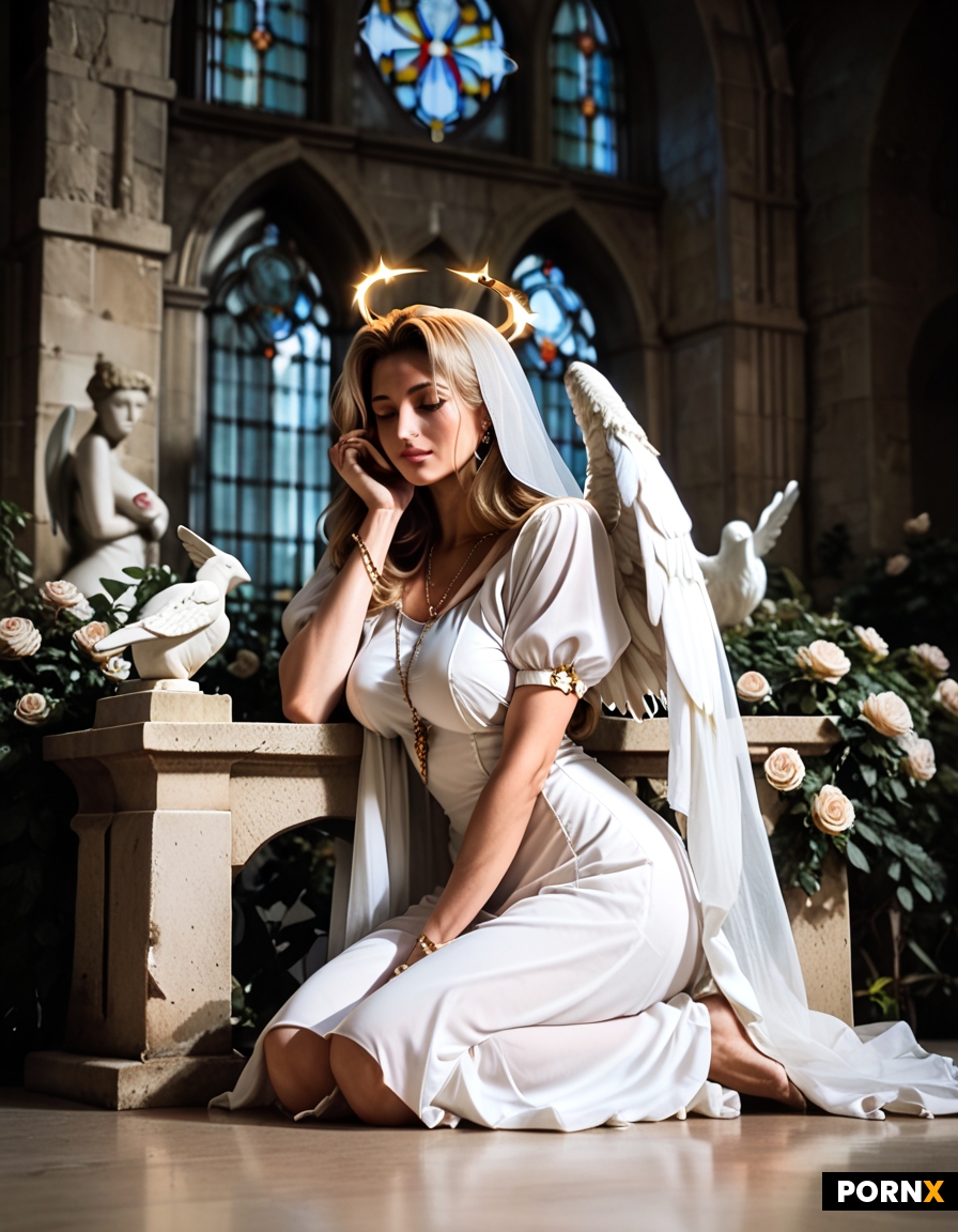 A blonde busty angel in an empty church on her knees praying with a halo over her head