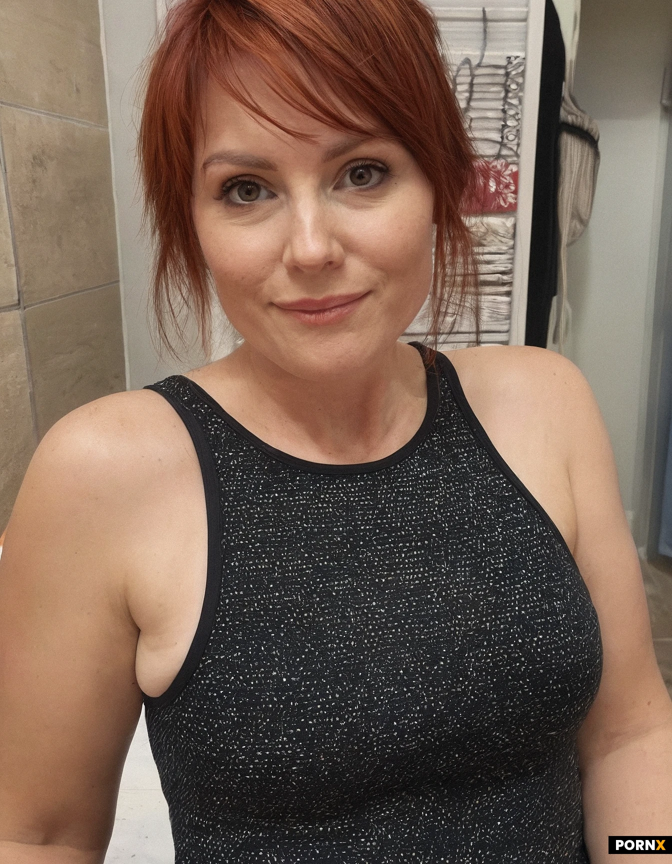 (masterpiece, best quality, highres:1.2), realistic, photorealistic, ultra-detailed, cinematic lighting, 8k resolution, detailed texture, candid picture, cute, MILF, 45 years old, Midwest American, Redhead, bobcut hairstyle, dimple cheeks, round jaw, round chin, oval face, large eyes, average body, plump arms, average breasts, small waist, one-piece swimsuit, candid photo, changing room