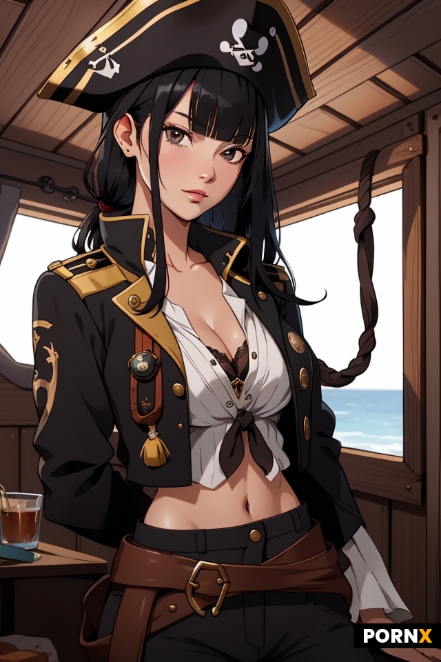 a beautiful pirate captain in her cabin looking you