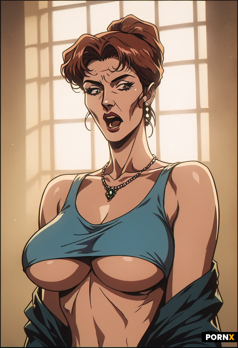 masterpiece, best quality, highres, absurdres, turkish_mom, close_up_portrait, looking_at_viewer, shocked_expression, huge_breasts_squeezed_together, pink_underboob_crop_top, dim_lighting