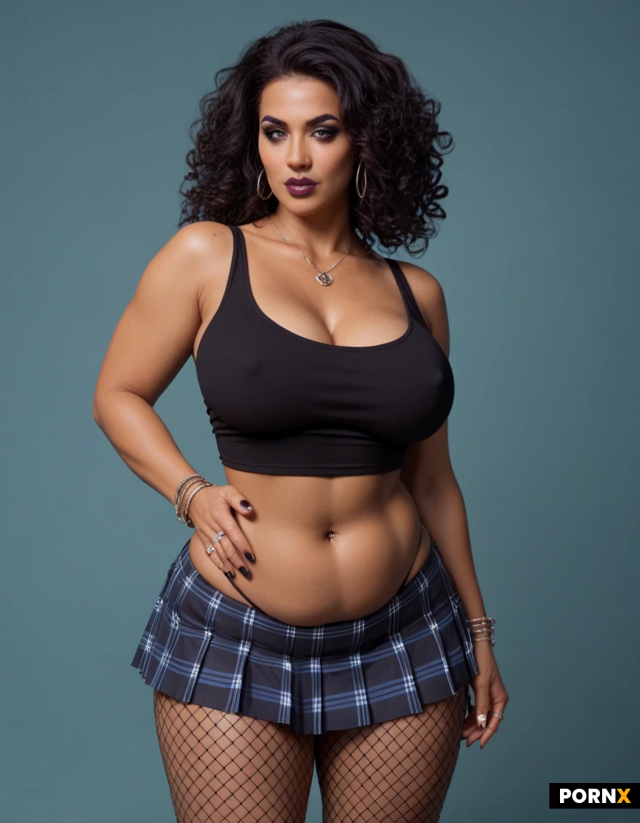 A busty goth latina with DOUBLE D size boobs in a short blue plaid skirt and a band tank top. She has dark curly hair with highlights of purple. She has a curvy thick but not too chubby body build. She is about 20 years old. Shes wearing ripped fishnets and her skin tone is light almost white skin color