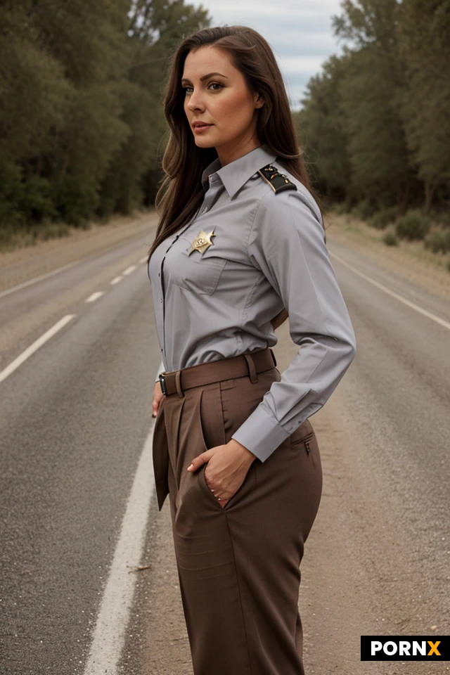 36 years old milf british.sheriff.small town sheriff's clothes.buttoned shirt.grey work trousers.thick body.brown long hair.deserted road.