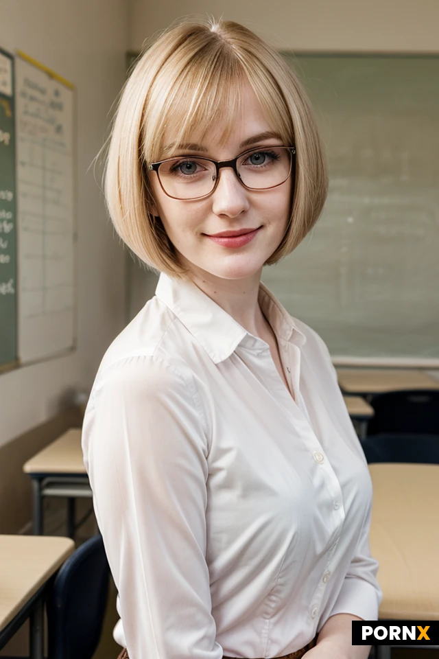 A confident thirty year old woman, with a blonde hair and a bob cut, pale skin, a cute face and seductive smirk, wearing glasses, teacher clothes and a blouse