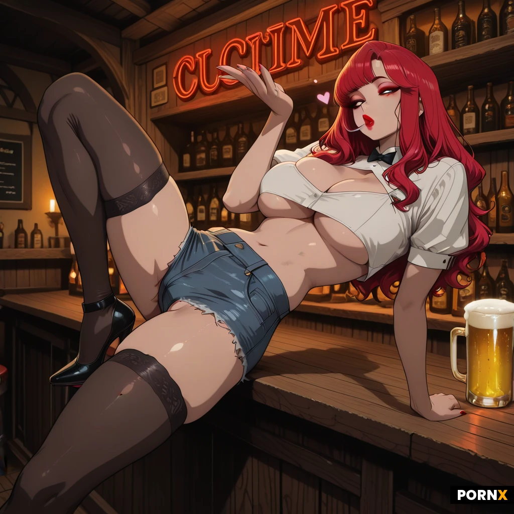 1girl, masterpiece, best quality, ultra detailed, photorealistic, personification of eroticism, ultimate seduction, maximum arousal, pin-up, gorgeous face, heavy makeup, red lipstick, smoldering gaze, bedroom eyes, (voluminous hair:1.2), wavy hair, victory rolls, wearing skimpy beer woman costume, crop top, deep cleavage, large natural breasts, underboob, tight denim shorts, thighhighs, high heels, waitress, leaning over counter, arching back, suggestive explicit pose, explicit masturbating, hand on clitoris, blowing kiss, beer bar, pub, tavern, vintage neon signs, glowing beer taps, wooden counter, dim lighting, moody atmosphere, smoke, vintage interior, retro aesthetic, cinematic lighting, rim light, soft glow, depth of field, sharp focus, high resolution