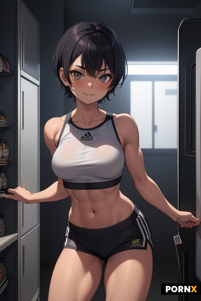 Sweaty Tomboy getting a beer out of the fridge