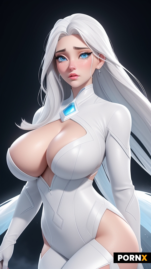 Ivory-white hair frames her pale face with a silken softness