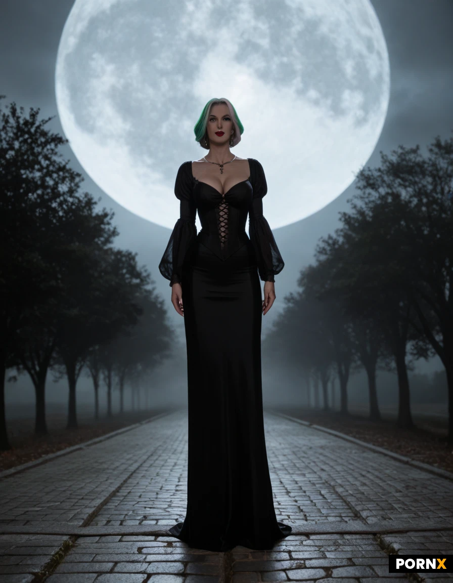 Prompt: A stunning classic cinematic still of a Gothic vampire down a cobblestone path through a creepy, fog-drenched gothic cemetery at night. She has pale skin, iconic jet-black and white-streaked hair styled in her classic 1960s upswept coiffure, and a flowing, lightweight vintage floor-length gown with long draped sleeves. Moody monochromatic aesthetic styled like vintage classic horror television, heavy rolling fog creeping across weathered stone crypts, gnarled withered trees with Spanish moss in the dark, bats flying across the sky. Illuminated by the eerie, bright glow of a full moon high above, casting dramatic shadows and deep contrast. Masterpiece, highly detailed, atmospheric, 8k.