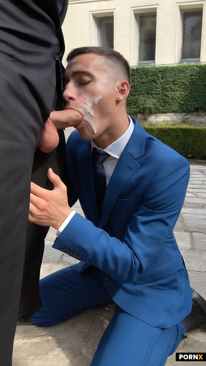 (Very slim:1.5 enthusiastic gay French groomsman guy, early 30s, clean shaven, very short fade dark brown hair, brown eyes, arched nose, bright blue suit kneeling in courtyard, many Cumshots on his eyes and face) sucking (the tall handsome Swedish groom in a black suit, masturbating his thick cock sticking out of dark suit).
