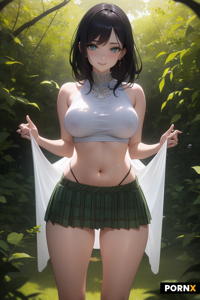 A stunning adult woman with short, tousled dark hair and vivid sapphire eyes stands barefoot on emerald-green grass, her full, heavy breasts spilling over a low-cut white tee that bares a toned midriff adorned with a gleaming belly-button ring and matching nipple studs, while a short, pleated tartan kilt flutters around her hips; she leans slightly forward, hips tilted provocatively, and gazes directly at the viewer with a warm, playful smile. Sunlight at high noon bathes the scene in golden light, casting a soft rim of illumination that traces the curves of her silhouette, highlights the metallic glint of her piercings, and accentuates the delicate weave of the kilt fabric, with a solitary tree providing a muted backdrop. The camera hovers high above, angled downward to capture her from a slightly top-down perspective, using a shallow depth of field that turns the surrounding foliage into creamy bokeh and emphasizes her flawless skin, subtle sweat droplets, and the crisp texture of the clothing. Rendered in ultra-realistic 8K photorealistic style with cinematic color grading, the image captures every pore, strand of hair, and fabric detail in vivid, lifelike clarity.