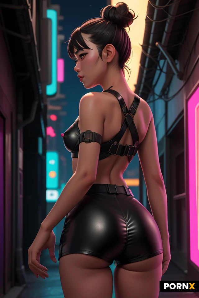 Woman, Asian, angled view, Portrait View, dark hair, double bun, neon lights, cyberpunk, alley, athletic Body, small breasts, small dark nipples, (naked), perfect face, wide hips, (tight leather shorts), short shorts, chest harness around breasts, night, round ass, view from behind,