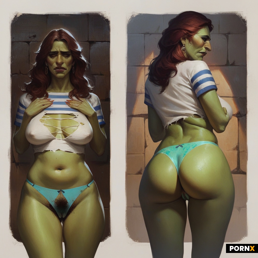 Nervous helpless Goblin woman BIG NOSE who is slim excluding her breasts and ass