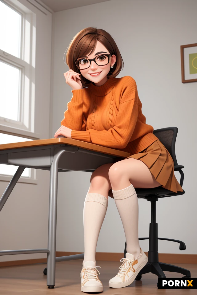 masterpiece, best quality, highres, absurdres, 1girl, solo, cartoon, brown_hair, short_hair, glasses, orange_sweater, brown and orange_pleated_skirt, brown_knee_high_socks, white_shoes, looking_at_viewer, smile, indoor, soft_light, centered, leaning on a desk