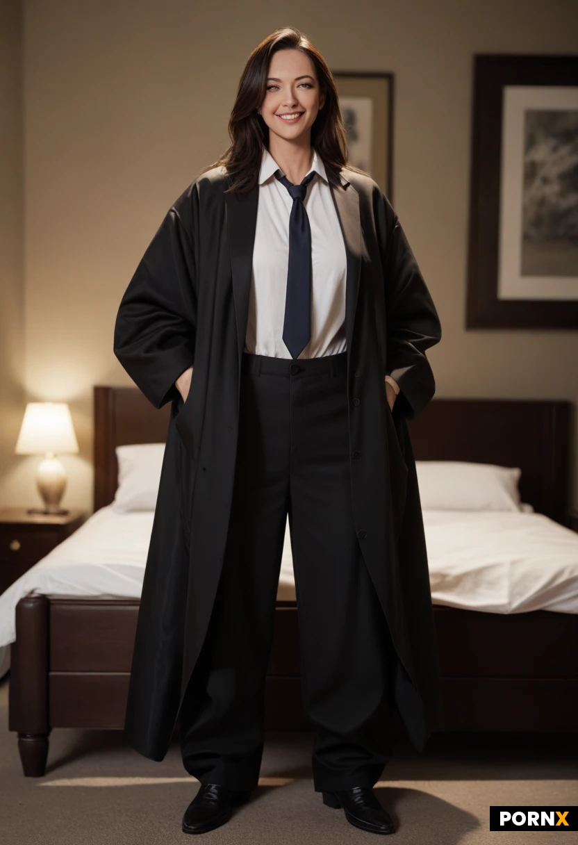 masterpiece, best quality, highres, absurdres, 1girl, solo, adult, Japanese, long_hair, blue_eyes, baggy_oversized_clothing, formal_suit, necktie, oversized_tuxedo_jacket, oversized_shirt, baggy_pants, masculine_style, standing, looking_at_viewer, smiling, confident, bedroom, night, cinematic_lighting, full_body, depth_of_field