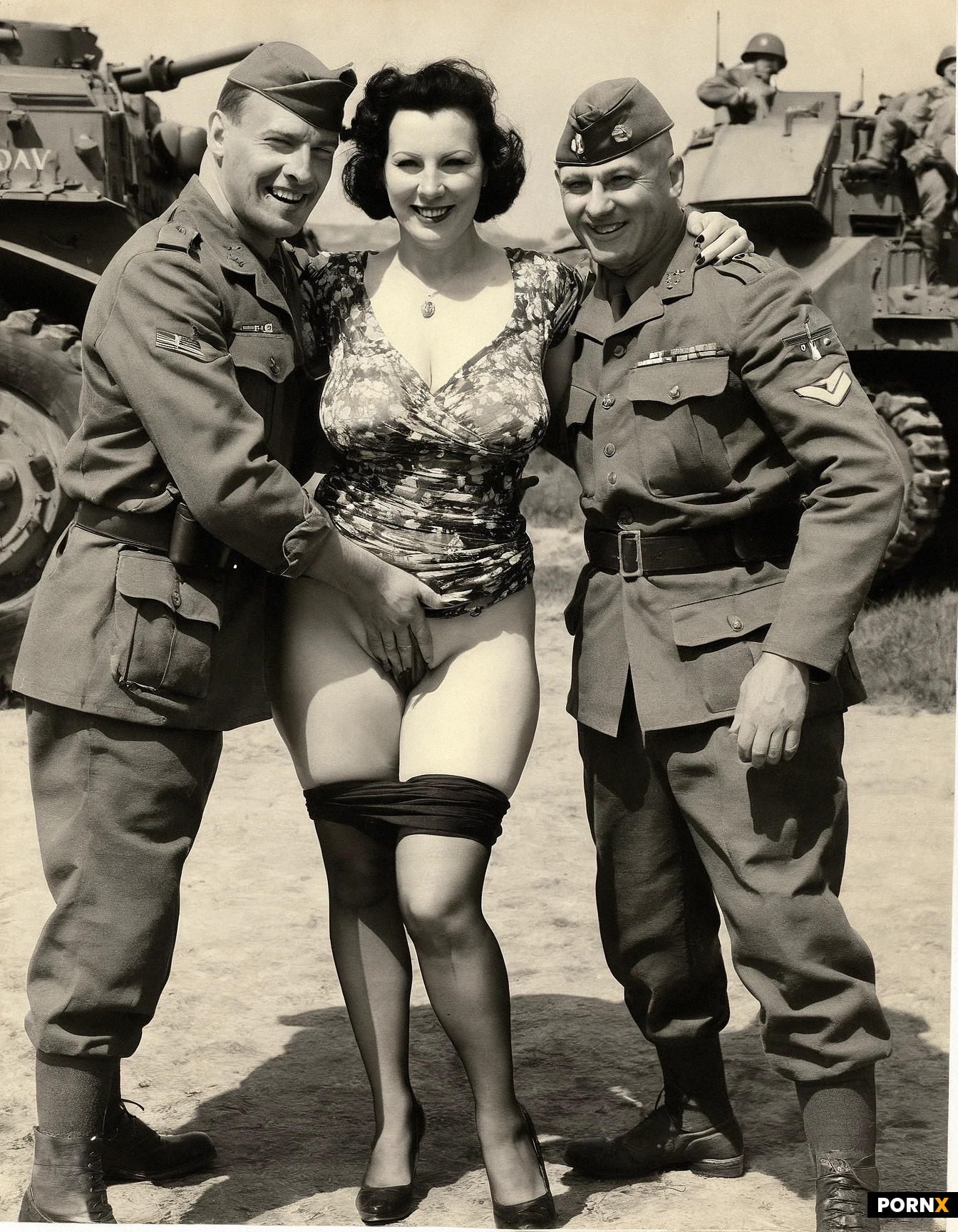 Absurdres, shy-elegant_woman, 60_years_old, French-(bretonne), plumpish, seductive_smile, flashing_very_hairy_pussy, jewelry, summer_floral_dress_with_the_hem_pulled_up, Aubade_stockings, portrait, Normandy, outdoor, Liberation_of_Normandy_party, between_two_US.Army_soldiers_(jovial_types)_posing_for_photo-souvenir, 1944, D-Day, black_&_white_ferrotype_photo_filter,