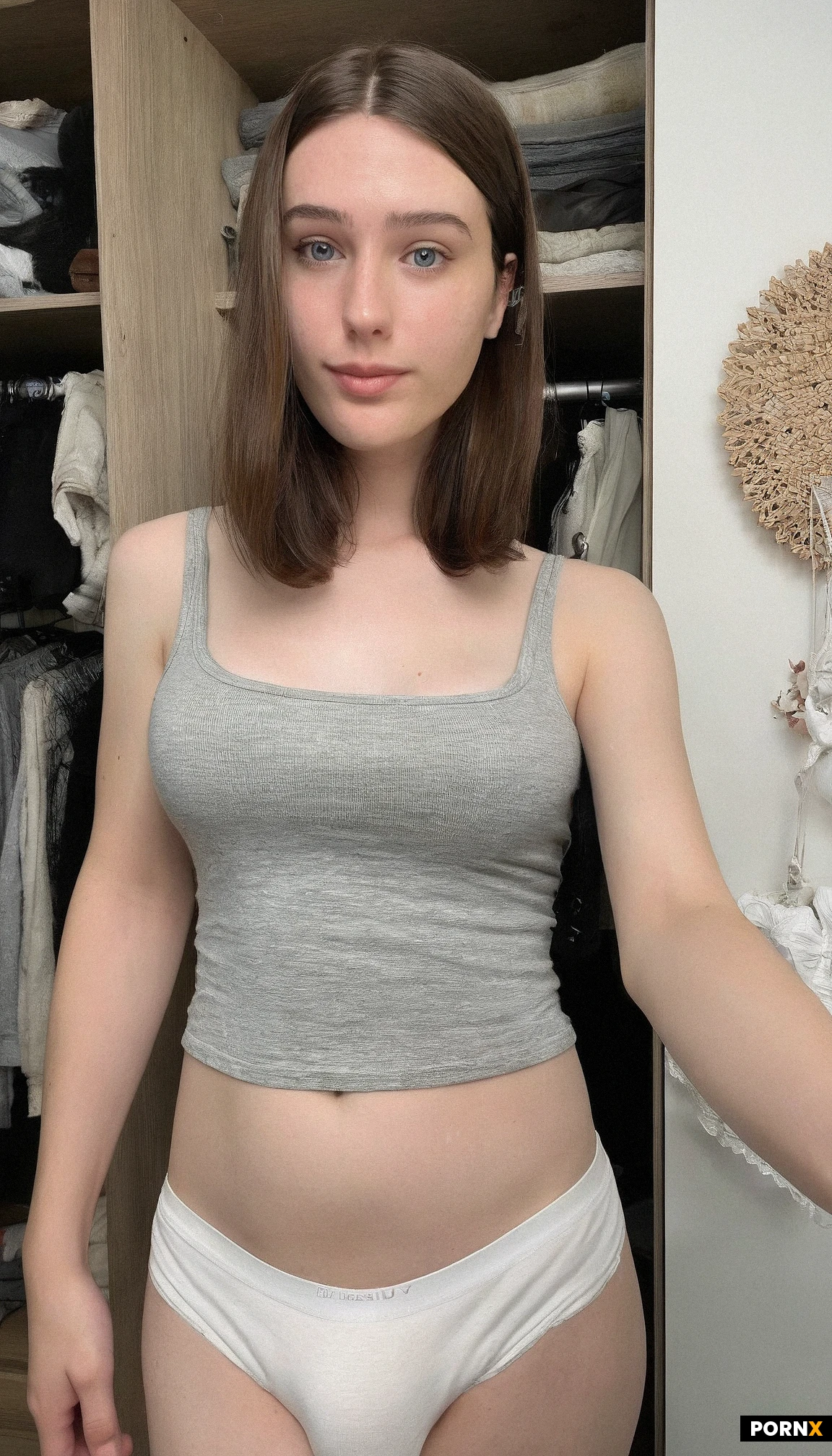photorealistic,highly detailed,candid,one cute American futanari woman,looking at viewer,18 years old,(soft body),(cute face),blue eyes,round face,gray tanktop,(white panties),(panty bulge),natural breasts,closet,straight hair,brunette hair,(no makeup),simple background