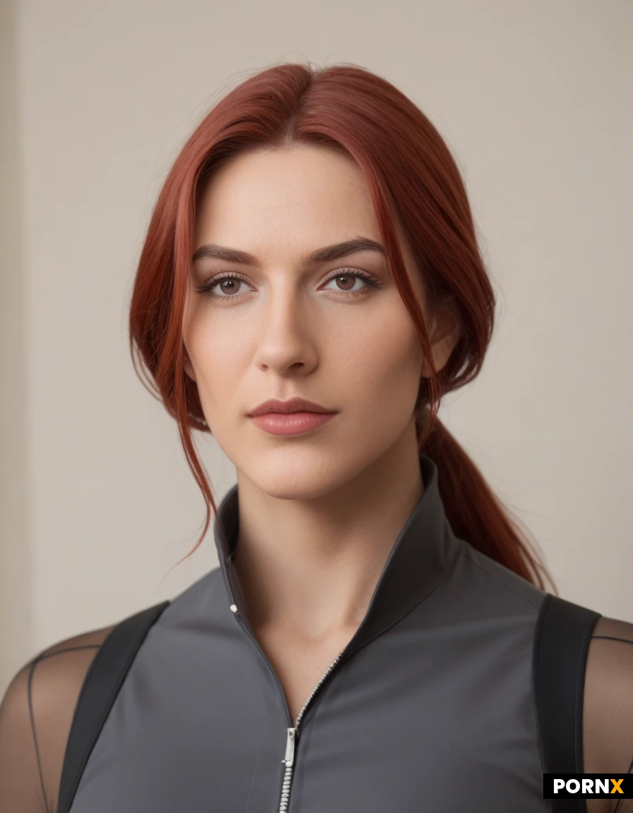 28–32 years old, Face, high cheekbones, straight nose, slightly pointed chin, expression focused and composed, gaze attentive and slightly tense, dark brown eyes, intense look, thin, well‑defined eyebrows. Skin, fair, natural tone, subtle blush, minimal retouching, visible pores and micro‑texture for realism, large breasts, bare belly, visible crotch, lust and healing on the face, red hair, full-length, erotic pose. Hair, red, redhead, medium length, pulled back into a neat low ponytail, a few thin strands softly framing the face, slight natural wave, no excessive styling, texture highly detailed with individual hairs, soft highlights. Outfit, utilitarian work suit for “Enterprise 3826” personnel, fabric — dense matte blended material, (cotton + polyester), main color muted steel gray, accents in dark navy and graphite, ergonomic, close‑fitting cut, no decorative elements, functional details include flap pockets, light protective pads on elbows and shoulders, contrast stitching. Small “Enterprise 3826” emblem on the chest in understated metallic finish.